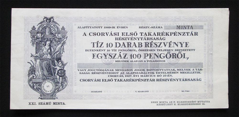 Csorvási Elsõ Takarékpénztár részvény 10x10 pengõ 1927 MINTA